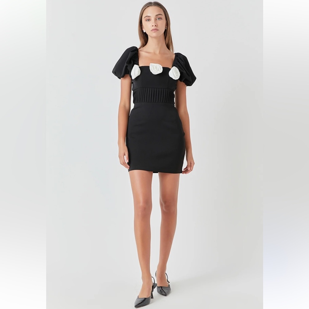 Endless Rose Black Corsage Puff Sleeve Mini Dress W Rosettes sz Medium NWT Prom!